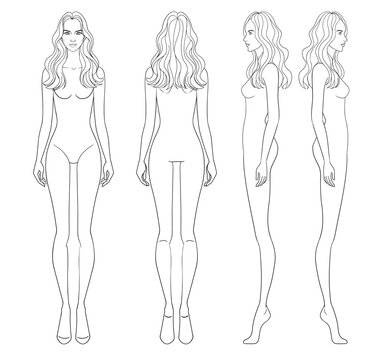 Fashion outline sketch croquis figurines front side back view with curly long hair woman in vector.