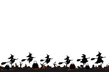 Group of witches riding broomsticks across the night sky with Halloween border.