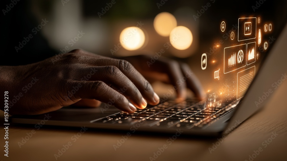 Aufkleber hands typing on laptop with digital graphics and soft glowing light background