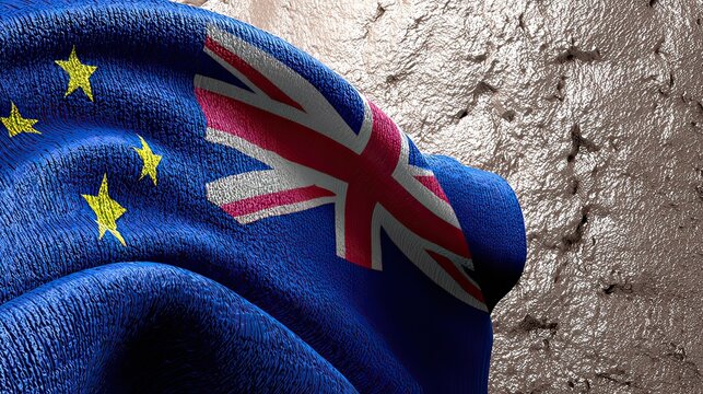 UK-EU flag draped, textured wall background, Brexit concept