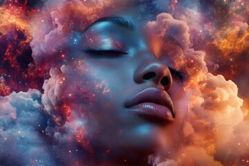 Surreal representation of a woman's face enveloped in a vibrant cosmic landscape with dreamy colors, Surreal woman's face with vibrant cosmic scene, depicting mix of clouds and stellar elements