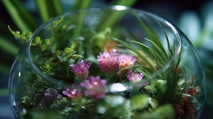 Close-Up of a Miniature Glass Terrarium with Purple Flowers and Lush Greenery