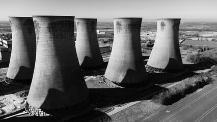 Aerial black and white view of cooling towers of the now demolished Eggborough Power Station