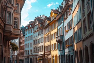 Fototapeta premium Charming city street with colorful buildings and bright skies in a vibrant urban setting, Street with buildings in the city