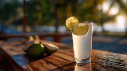 Refreshing Lime Drink on Tropical Beach at Sunset
