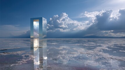 Reflective Cube on a Salt Flat Under a Dramatic Sky