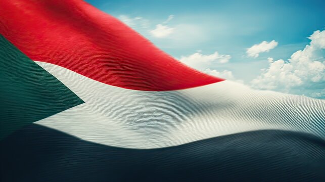 Sudanese flag waving, sunny sky, patriotism, website