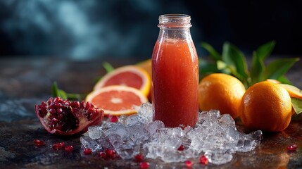 Red Citrus and Pomegranate Juice Bottle on Ice