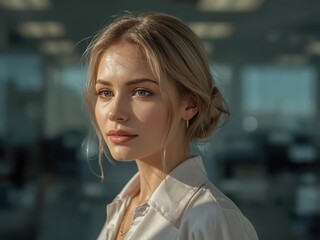 Portrait of a young blonde woman with her hair in a bun wearing a white collared shirt indoors