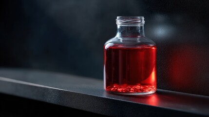 Red Liquid in Glass Bottle on Dark Surface