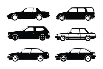 Silhouette of Automobile Fleet: A collection of meticulously crafted automobile silhouettes, highlighting their diverse shapes and styles, perfect for transportation, design, and automotive themes.