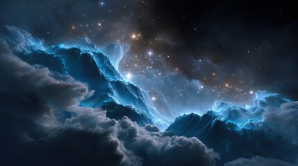 Glowing Blue Cosmic Clouds and Stars in Dark Night Sky
