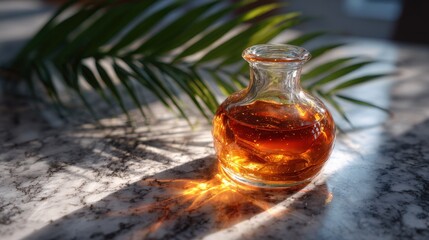 Amber Oil in Glass Bottle on Marble Surface with Palm Leaf