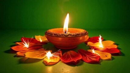 A radiant clay diya illuminates vibrant flower petals and sparkling lights, celebrating the joyous Diwali festival against a crisp green screen.