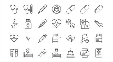 vector icons representing various medical elements such as emergency symbols, telehealth, and blood tests.