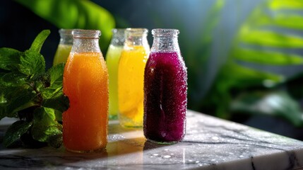 Colorful Fruit Juices in Glass Bottles on Marble Surface