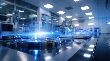 Futuristic Blue Lit Factory Automation with Precise Metallic Gears
