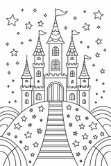 A fairytale castle on a hill with stars, perfect for coloring, isolated on white background