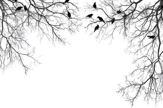 Eerie tree branches silhouetted with crows perched on them, framed by a halloween border for a haunting effect.
