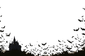 Silhouettes of bats soaring over a haunting castle against a moonlit sky, framed by a Halloween border for a chilling effect.