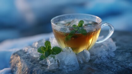 Iced Mint Tea in Glass Cup on Ice
