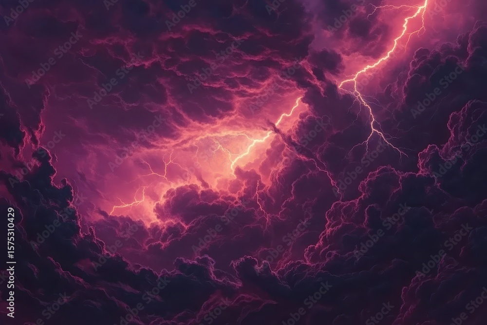 Poster dark clouds illuminated by lightning create an intense stormy atmosphere in the night sky, dark clou