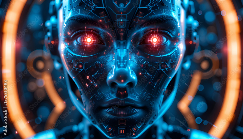 Poster intricate cyborg face with glowing red eyes set against a blurred futuristic technological backgroun
