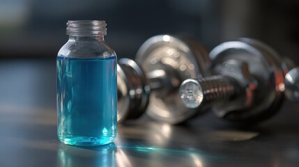 Blue Liquid Supplement Bottle with Dumbbells in the Background