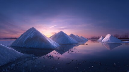 Salt Pyramids Reflecting in Calm Water at Sunset