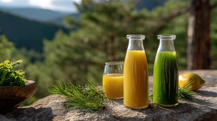 Yellow And Green Juice Bottles On Stone Surface With Mountain View