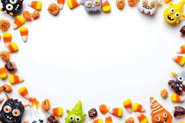 Whimsical monsters joyfully interacting with colorful candy corn, framed by a Halloween border for a fun and festive atmosphere.