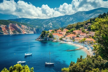 Obraz premium Stunning coastline of Kefalonia reveals charming village and tranquil waters, Picturesque sea coast view of greek island Kefalonia on summer vacation time