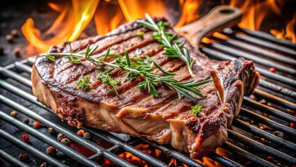 Authentic barbecued T-Bone lamb steak with thyme served as close-up on a rustic grillage, t bone cut, herbs