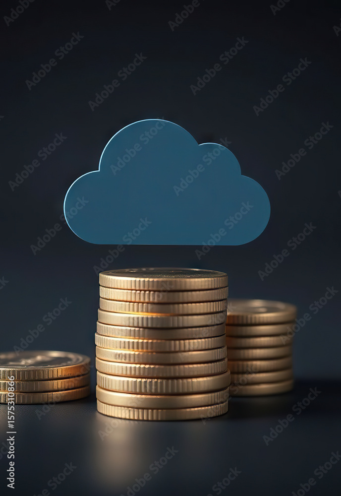 Poster stack of gold coins with blue cloud icon floating above, symbolizing cloud computing and financial t