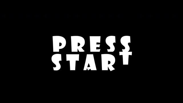 Press Start, word text animation. 4k motion graphic on black screen background. Perfect for game intros or nostalgic arcade-style video transitions.