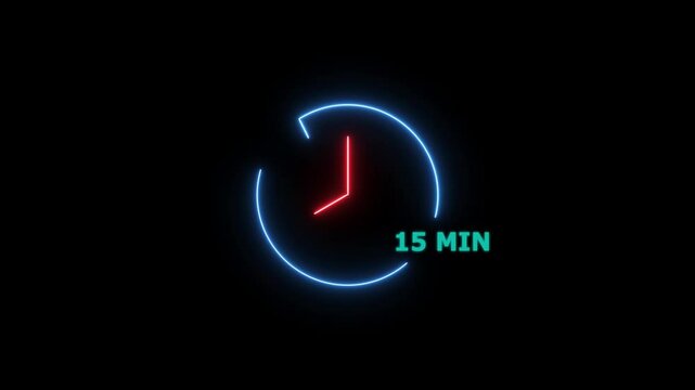 Animation of glowing neon 15 minute timer clock. analog neon clock icon animation.  on a black background. and creating a stunning 4k video.