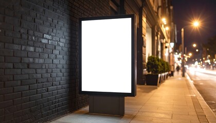Blank illuminated billboard mockup on sidewalk at night with copy space with city street.