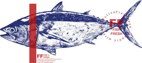 Tuna fish graphic vector blue silhouette vintage style seafood illustration hand drawn sketch engraving retro art isolated on white background for packaging label logo restaurant menu print design