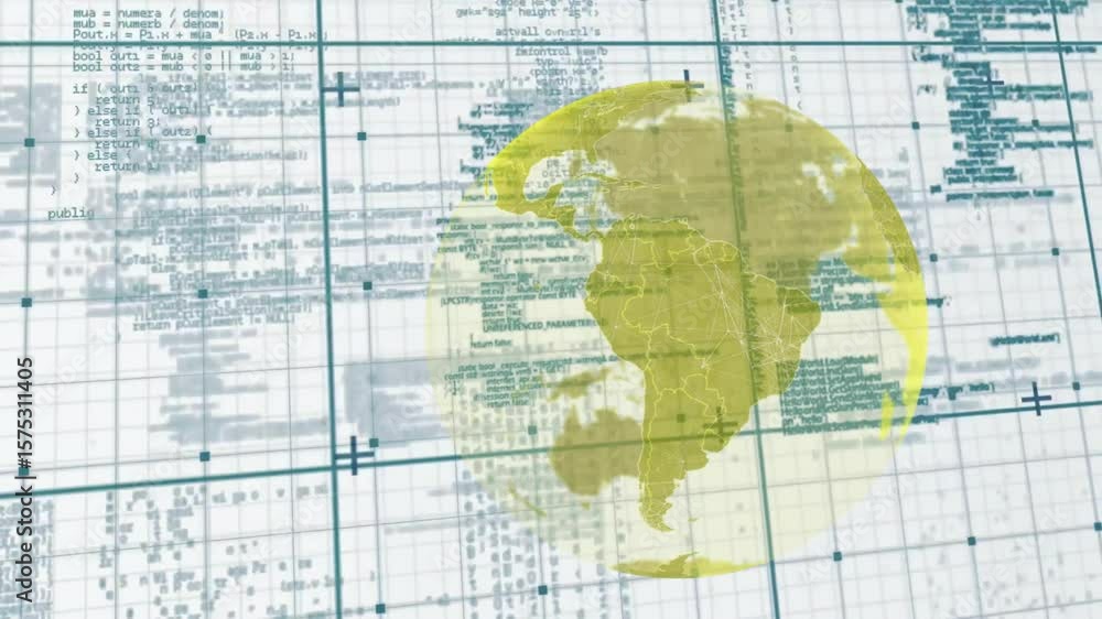 Poster faint yellow circle appearing at 2nd forming rotating globe over fixed grid code flow for analytics