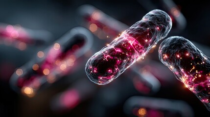 Lactobacillus bacteria with glowing cell structure, medical microbiology science concept for health, research, and design ads