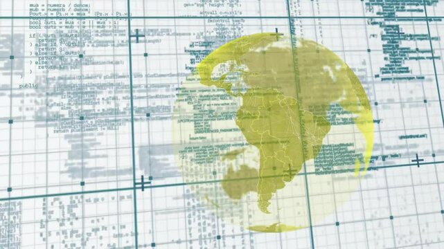 Faint yellow circle appearing at 2nd forming rotating globe over fixed grid code flow for analytics