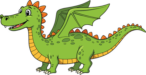 Cartoon green dragon with wings, cute fantasy creature, flying dinosaur character, colorful vector illustration for children and storybooks