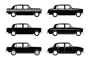 Taxi and Sedan Silhouettes: An array of sleek black taxi cabs and sedans are presented in a minimalistic design, showcasing classic car profiles.