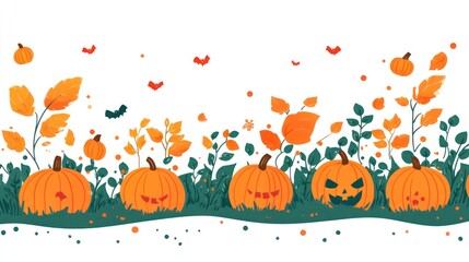 Halloween Pumpkins in Autumn Leaves Background