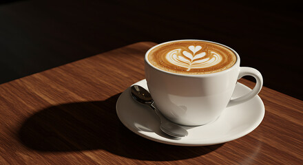 A white coffee cup on a saucer with latte art, resting on a wooden table.
