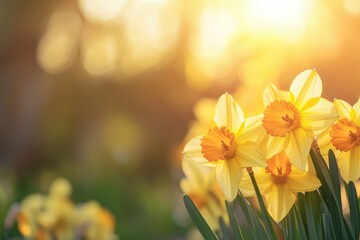 Obraz premium Vibrant yellow daffodils bloom in sunlight, enhancing the beauty of a spring garden, Vibrant yellow daffodils in sunlit, blurred background garden setting