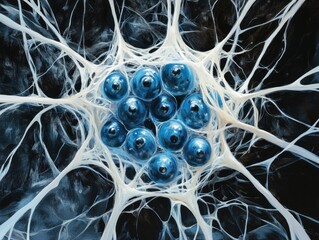 Abstract Neural Network: Blue Spheres Encapsulated in White Filaments