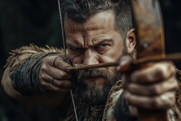Dacian man draws bow in slow motion with intense focus and determination, Dacian man with bow, slow motion
