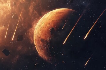 Exploring the fiery beauty of Mars surrounded by meteor showers in galactic space, mars planet in space galaxy Photo background live wallpaper with falling stars meteor