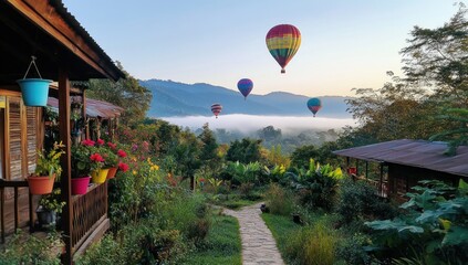 Serene Mountaintop Getaway: Hot Air Balloons over Lush Landscape